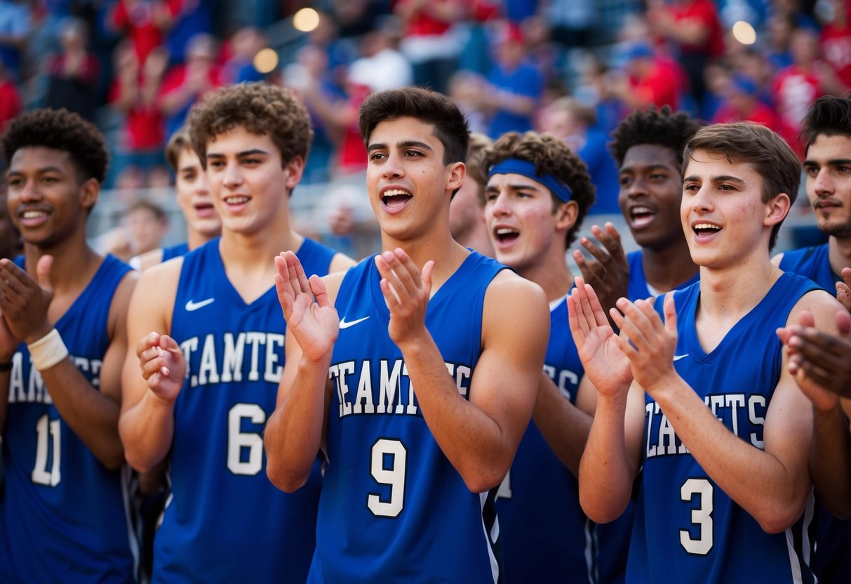 A group of young athletes cheering and clapping for their teammates, showing support and encouragement regardless of the outcome of the game