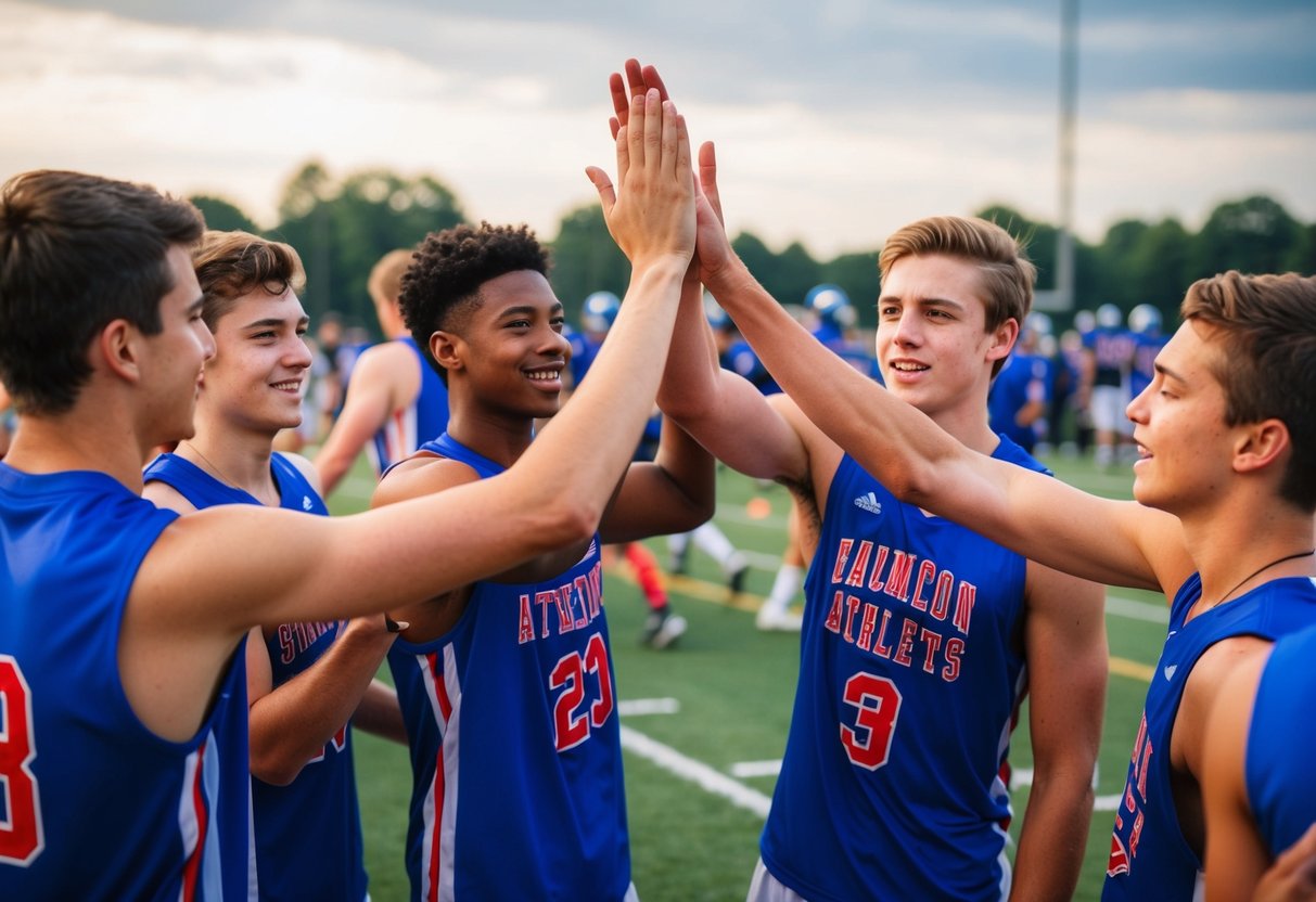 A group of young athletes high-fiving and cheering each other on after a game, showing respect and good sportsmanship