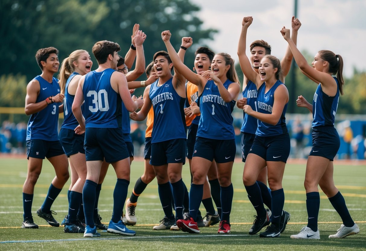 A group of young athletes working together, cheering each other on and celebrating their successes on the field