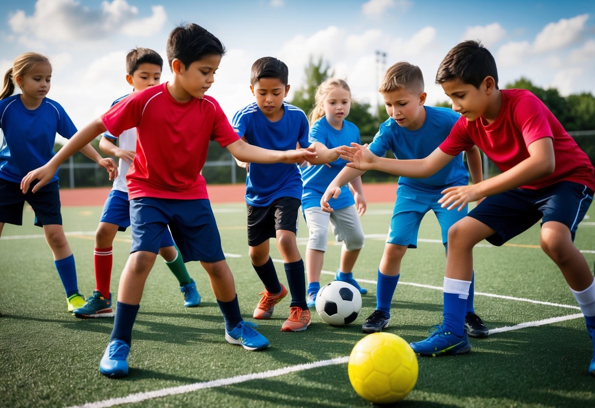 A group of children playing various team sports, working together to achieve a common goal, showing teamwork and cooperation