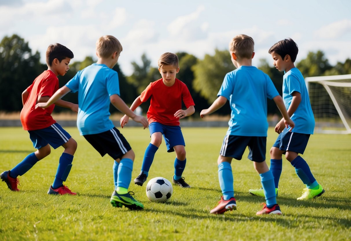 A group of children playing soccer together on a grassy field, passing the ball and working as a team to score a goal