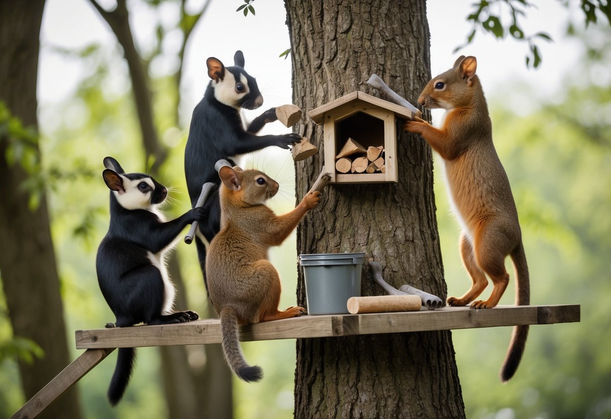 A group of animals working together to build a treehouse, passing tools and materials to each other with teamwork and cooperation