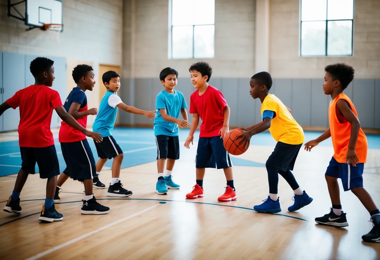 A group of children of various ages playing basketball together on a court, passing the ball and working as a team to score points