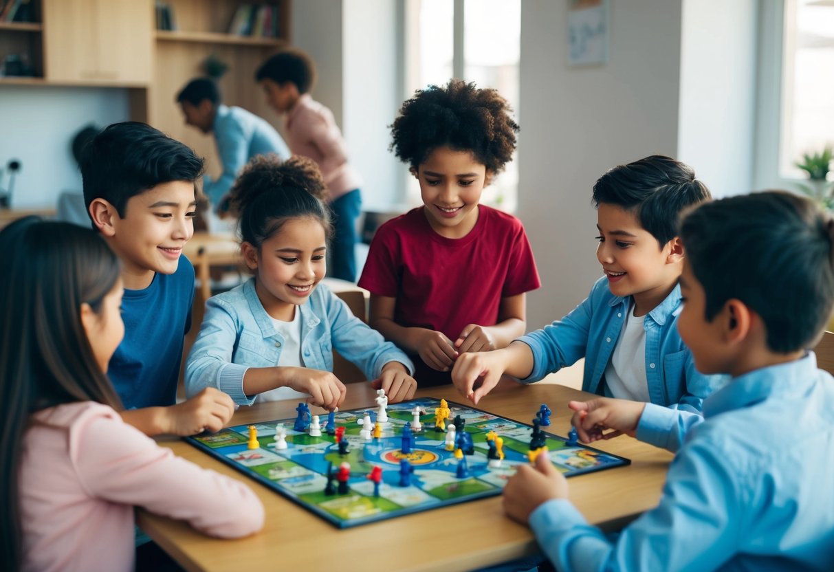 A group of children gather around a table, working together to solve challenges in a cooperative board game. They strategize, communicate, and celebrate their victories as a team