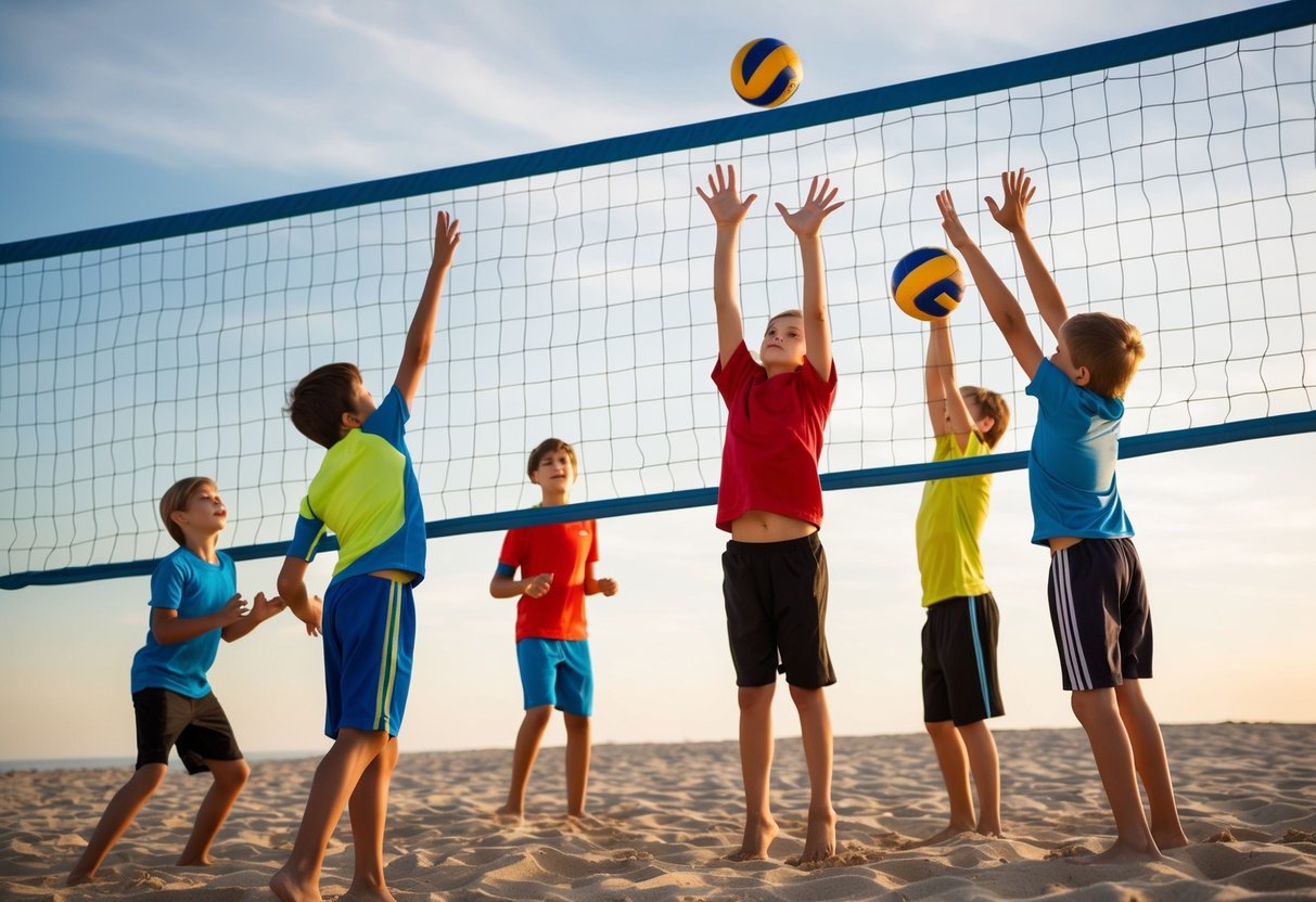 A group of kids playing volleyball on a sandy beach, working together to pass and spike the ball over the net