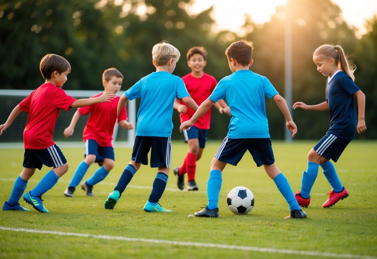 A group of children playing soccer together, passing the ball and working as a team to score a goal