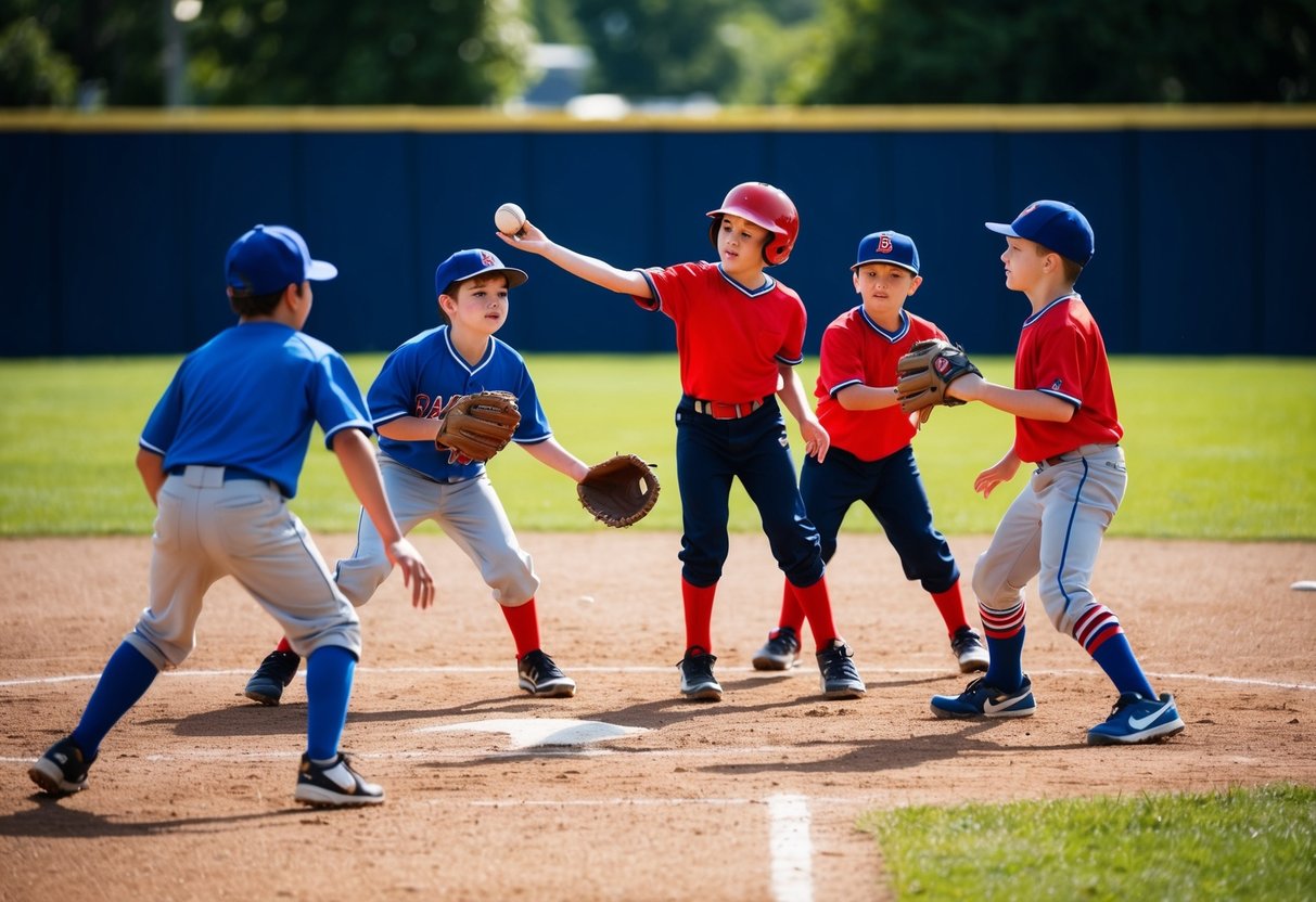 A group of children playing baseball on a sunny field, working together as a team to catch, throw, and hit the ball