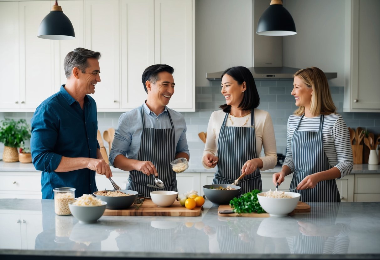 A family stands around a kitchen island, each member holding different ingredients and utensils. They work together to prepare a meal, laughing and chatting as they collaborate