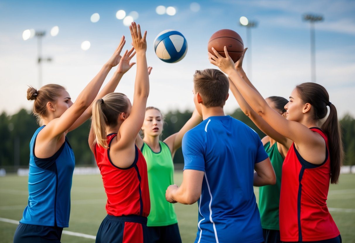 A group of athletes working together to achieve a common goal, passing, catching, and supporting each other in various team sports