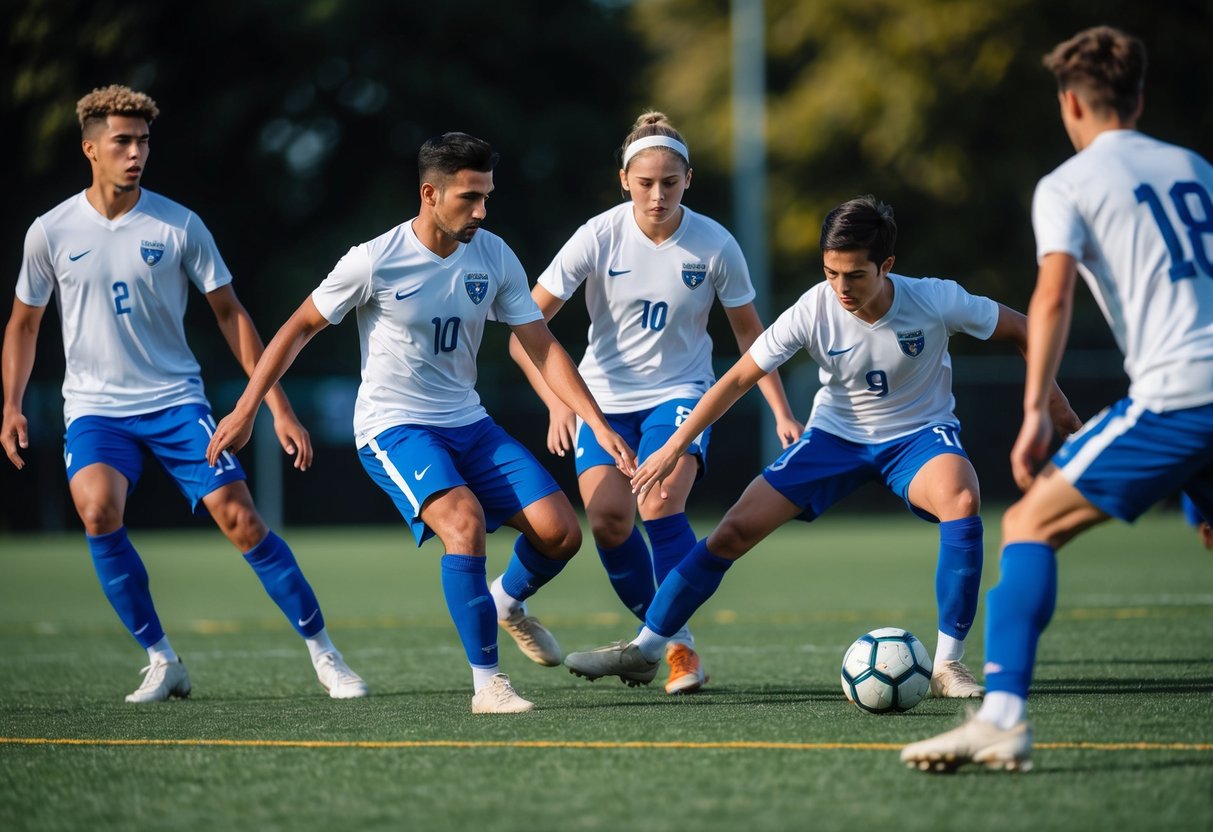 A group of players work together to pass a soccer ball, coordinating their movements and communicating to achieve a common goal
