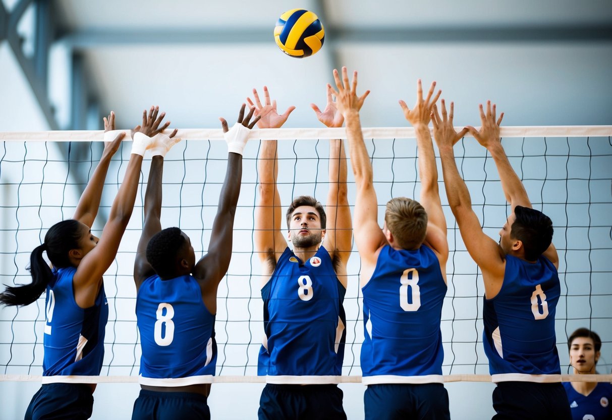 A group of players working together to pass a volleyball over a net, with intense focus and coordination