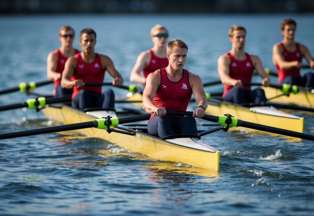 A team of rowers working together to propel their boat through the water, synchronized in their movements and focused on achieving a common goal