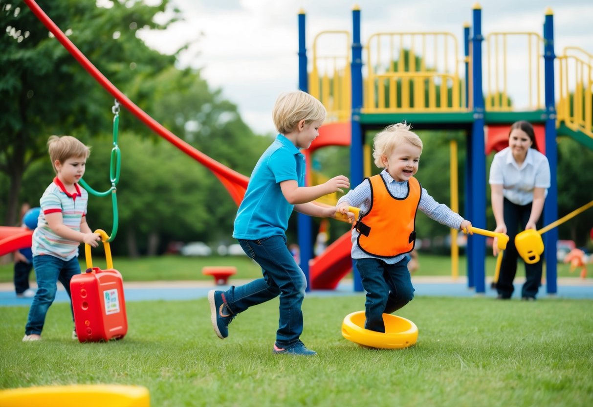 Children playing in a park with safety equipment and adult supervision