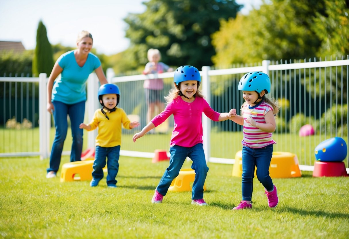 Children playing in a fenced yard with a watchful adult nearby. Safety equipment like helmets and pads are visible. The setting is bright and cheerful