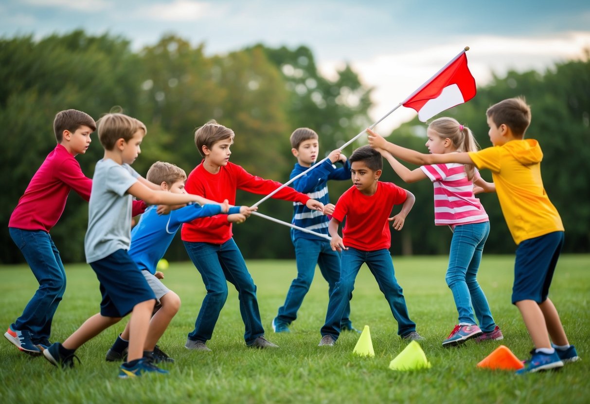 A group of children strategize and work together to capture the flag from the opposing team in an outdoor setting