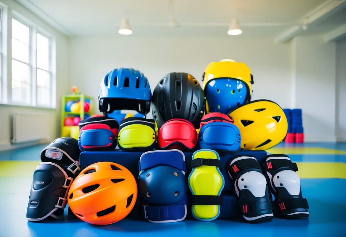 Children's sports equipment neatly organized in a bright, spacious room with safety gear such as helmets, knee pads, and elbow pads displayed prominently