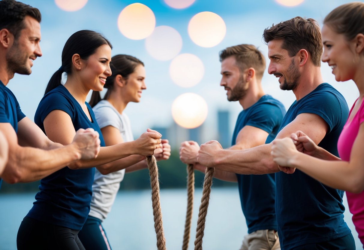 A group of people pulling on opposite ends of a taut rope, straining against each other with determined expressions