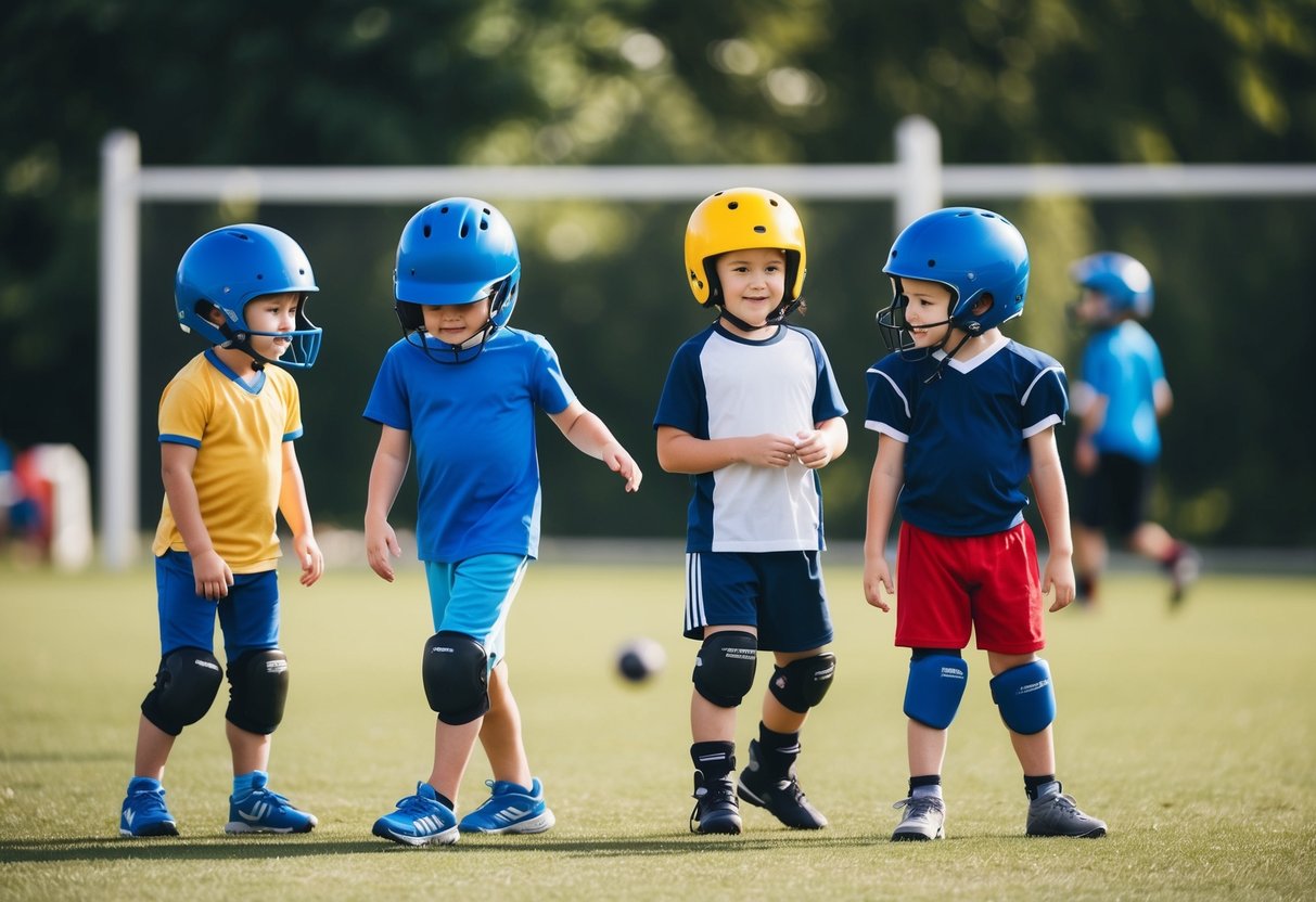 Children wearing helmets and knee pads while playing sports. Parental supervision and safety equipment emphasized