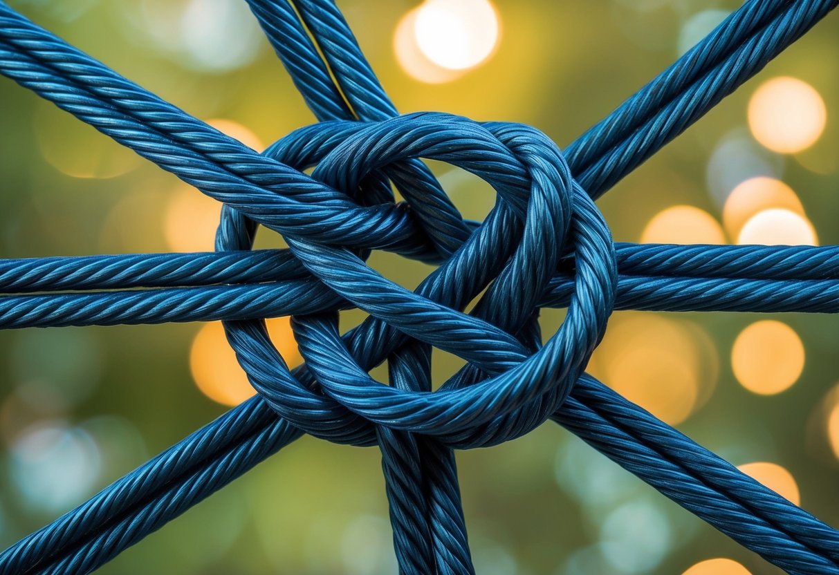 A group of interconnected lines form a tangled knot, representing teamwork and collaboration