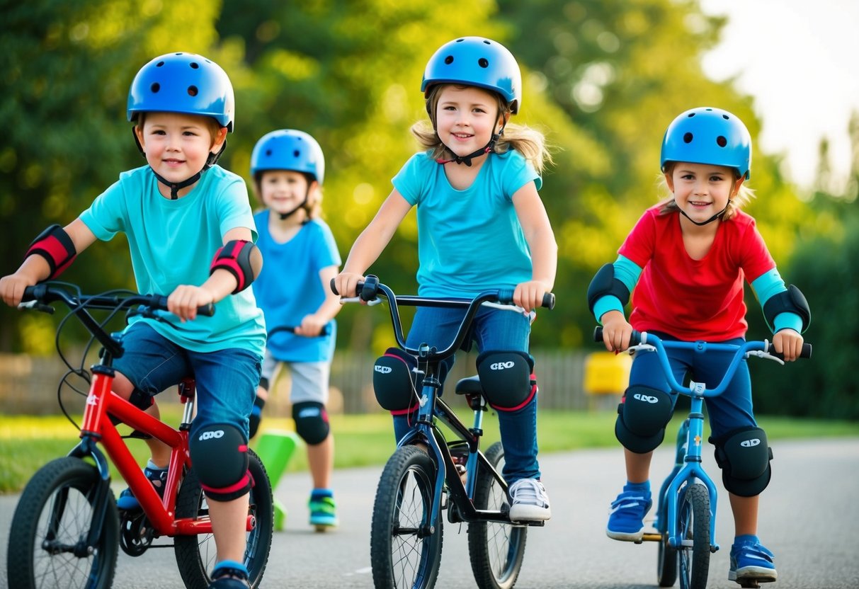 Children wearing helmets, knee pads, and elbow pads while riding bikes, skateboarding, and playing sports in a supervised outdoor setting