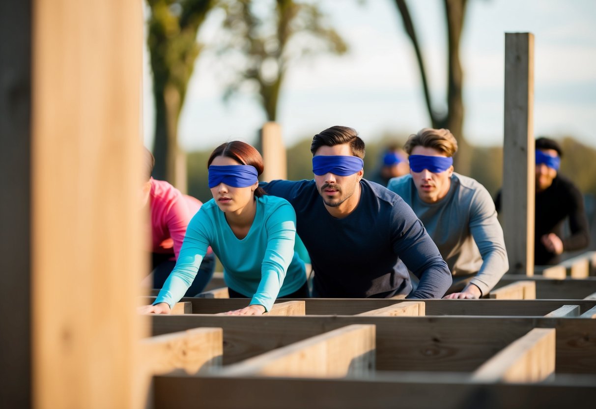 A group of people navigate through an outdoor obstacle course while blindfolded, working together to overcome various challenges