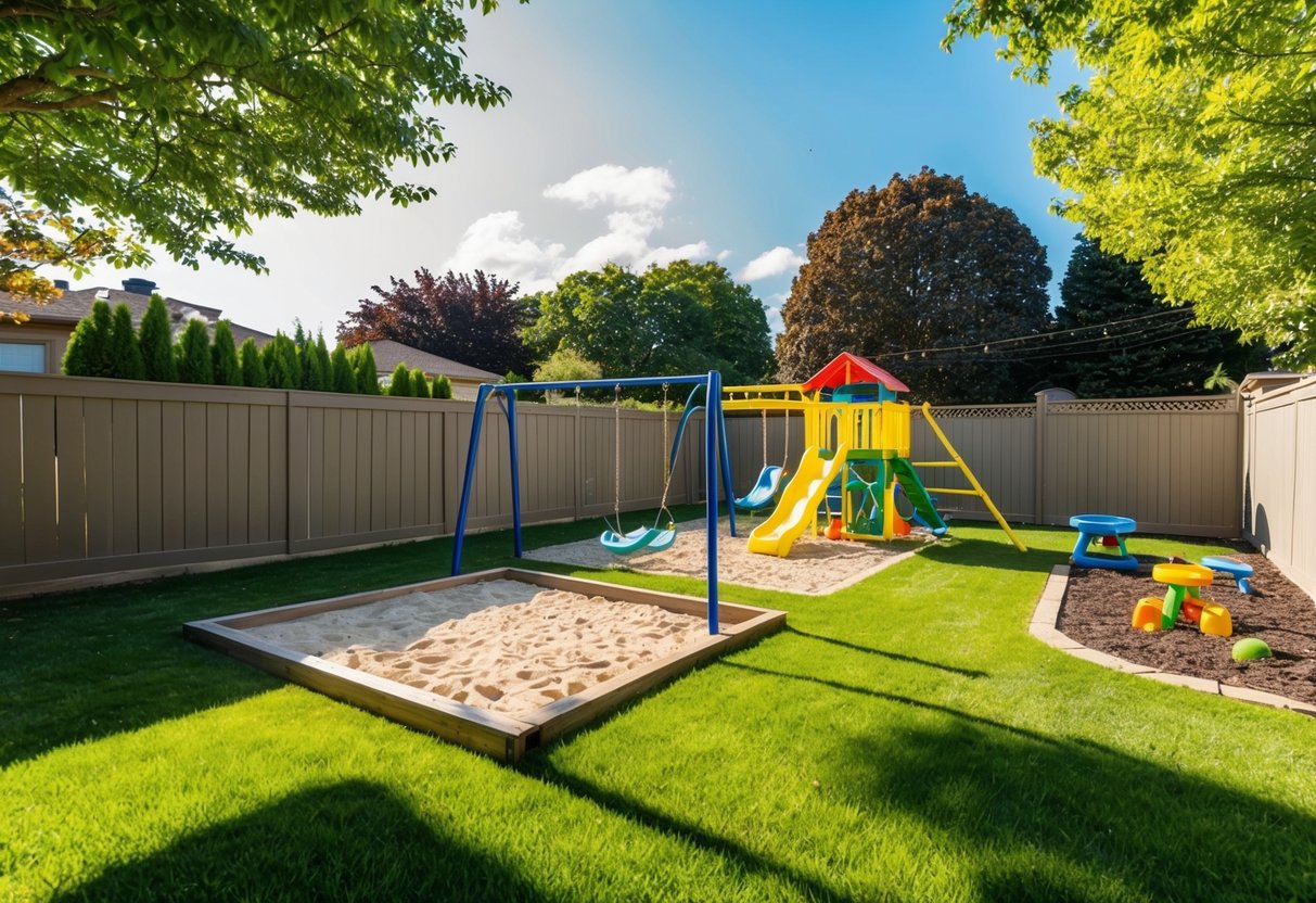 A sunny backyard with a swing set, sandbox, and colorful play equipment surrounded by a sturdy fence and shaded by tall trees