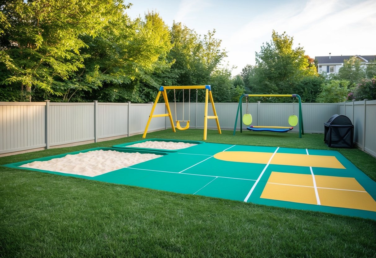 A backyard with clearly marked play areas for different activities, such as a sandbox, swing set, and sports area, all surrounded by safety fencing and soft ground covering