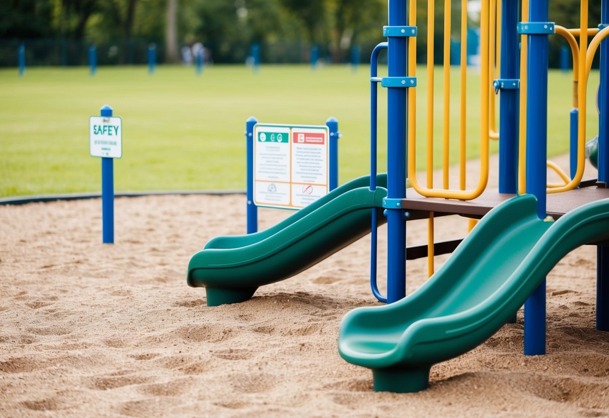 A playground with well-maintained equipment, surrounded by a soft, impact-absorbing surface material. Clearly labeled safety rules are posted nearby