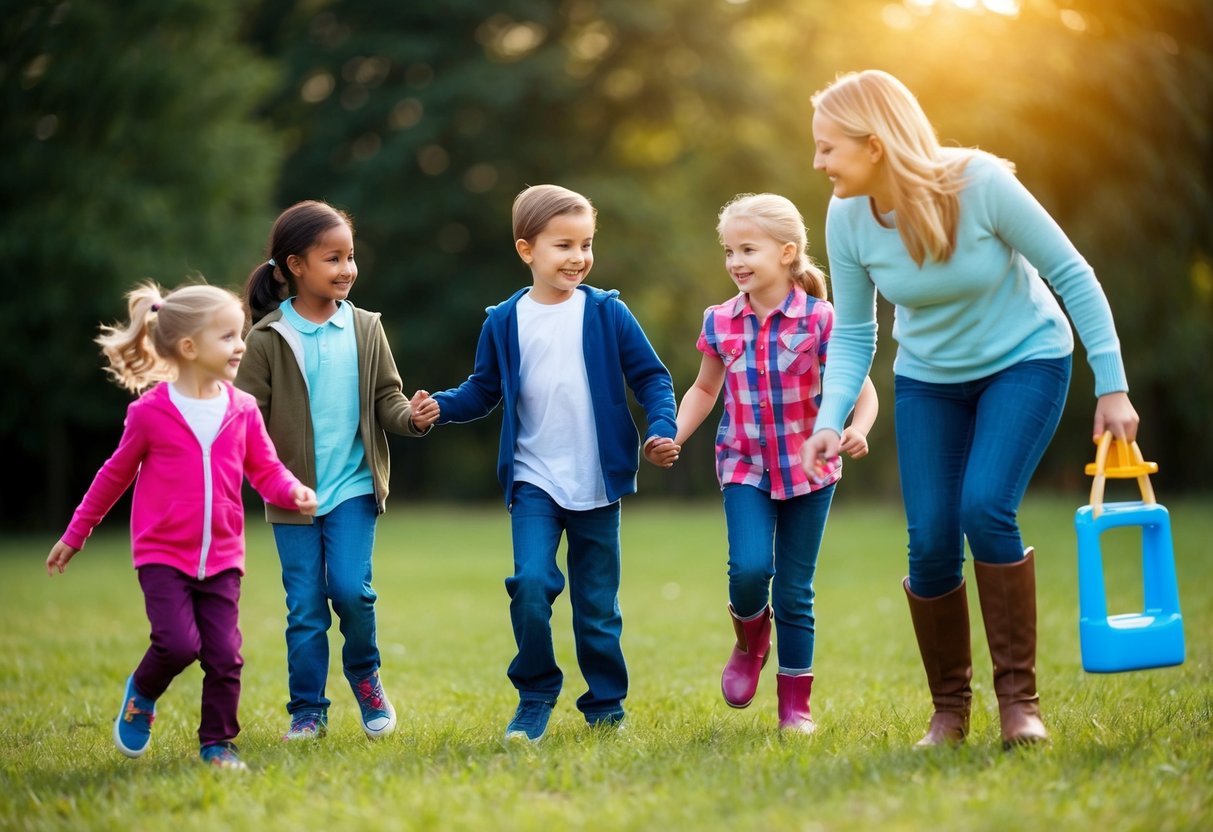 Children playing outdoors with a parent or guardian, practicing safety tips such as staying in groups, avoiding isolated areas, and seeking help from trusted adults if approached by strangers