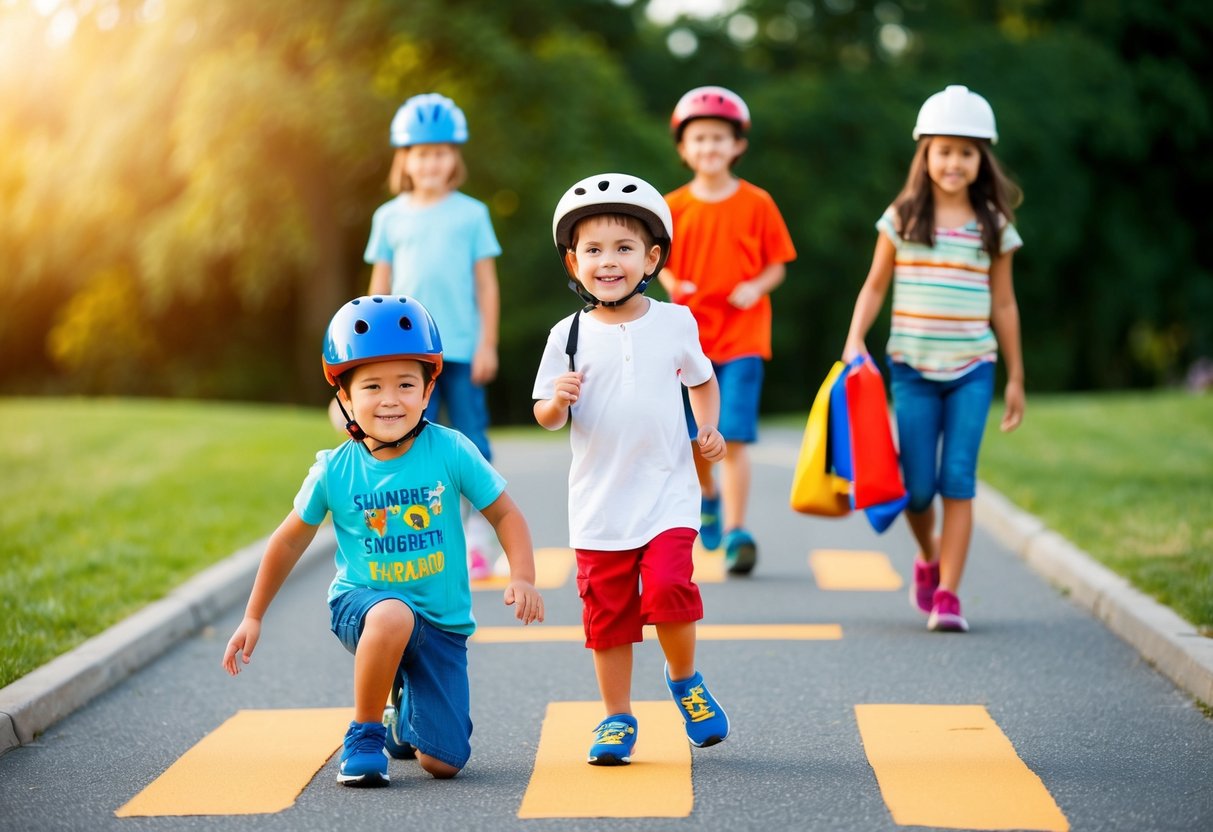Children playing outside following safety rules: wearing helmets, using crosswalks, staying within boundaries, avoiding strangers, and using sunscreen