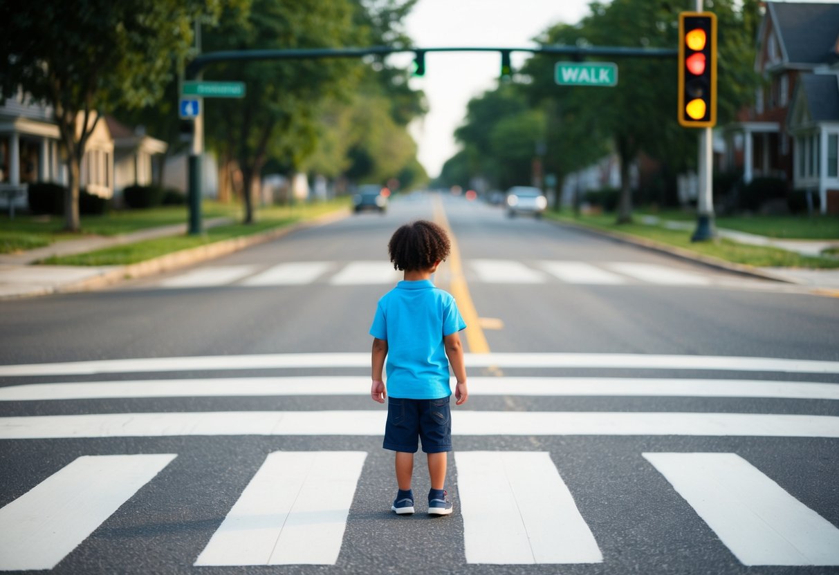A child stands at a crosswalk, looking left and right before crossing. A traffic light and "walk" signal are visible. The street is lined with trees and houses