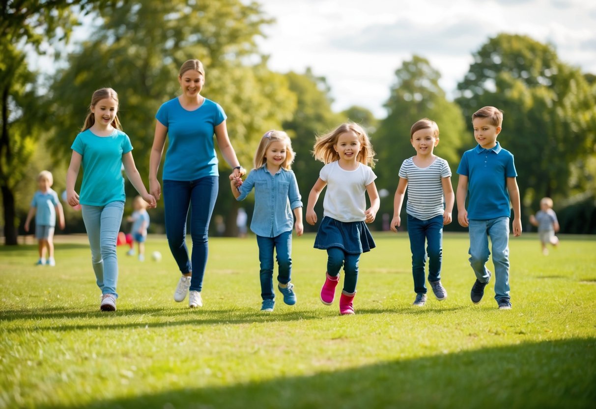 Children playing in a park, following safety rules: staying within sight of parents, avoiding isolated areas, and not talking to strangers