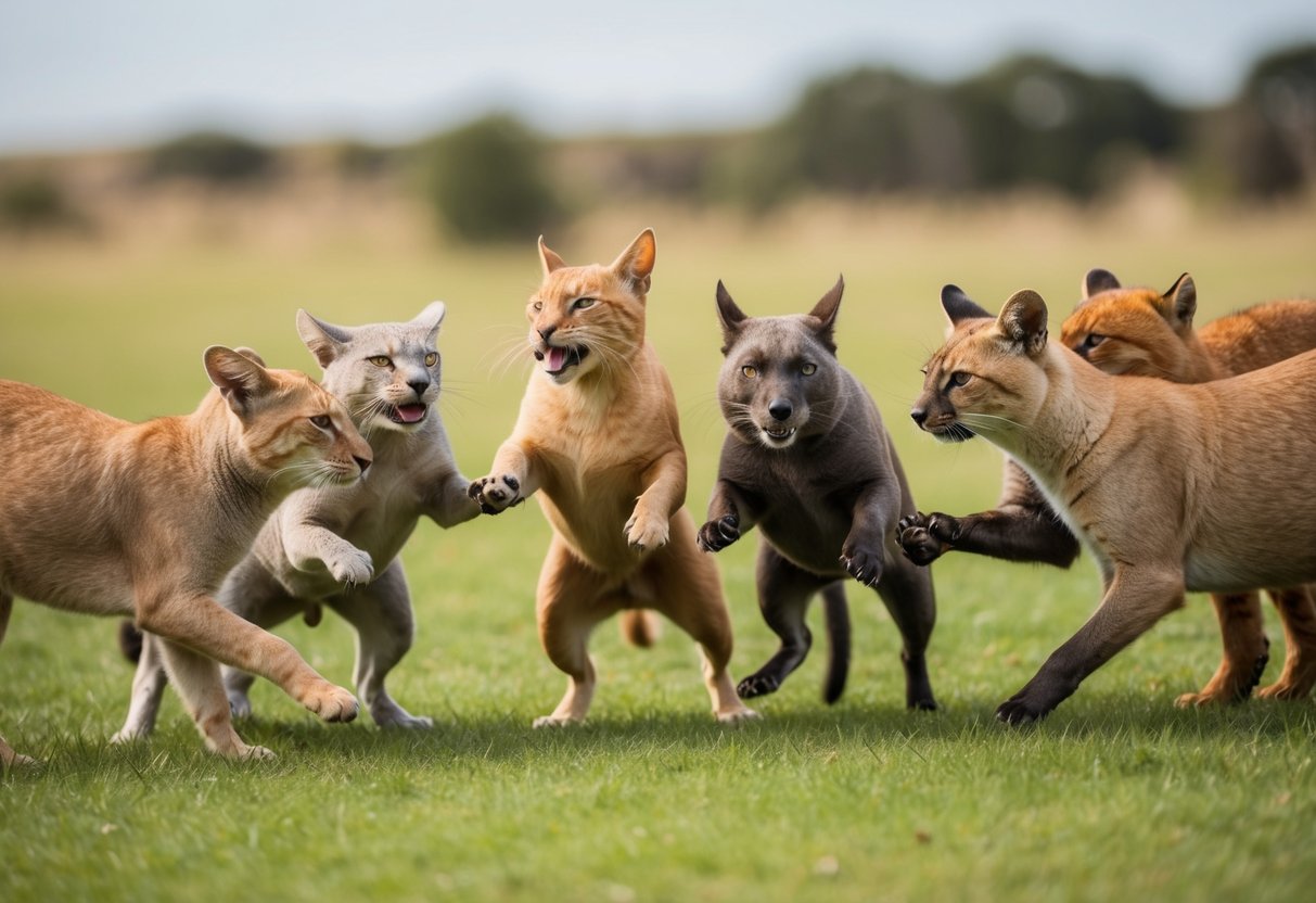 A group of animals engaged in friendly competition, displaying teamwork, encouragement, and sportsmanship in a natural setting