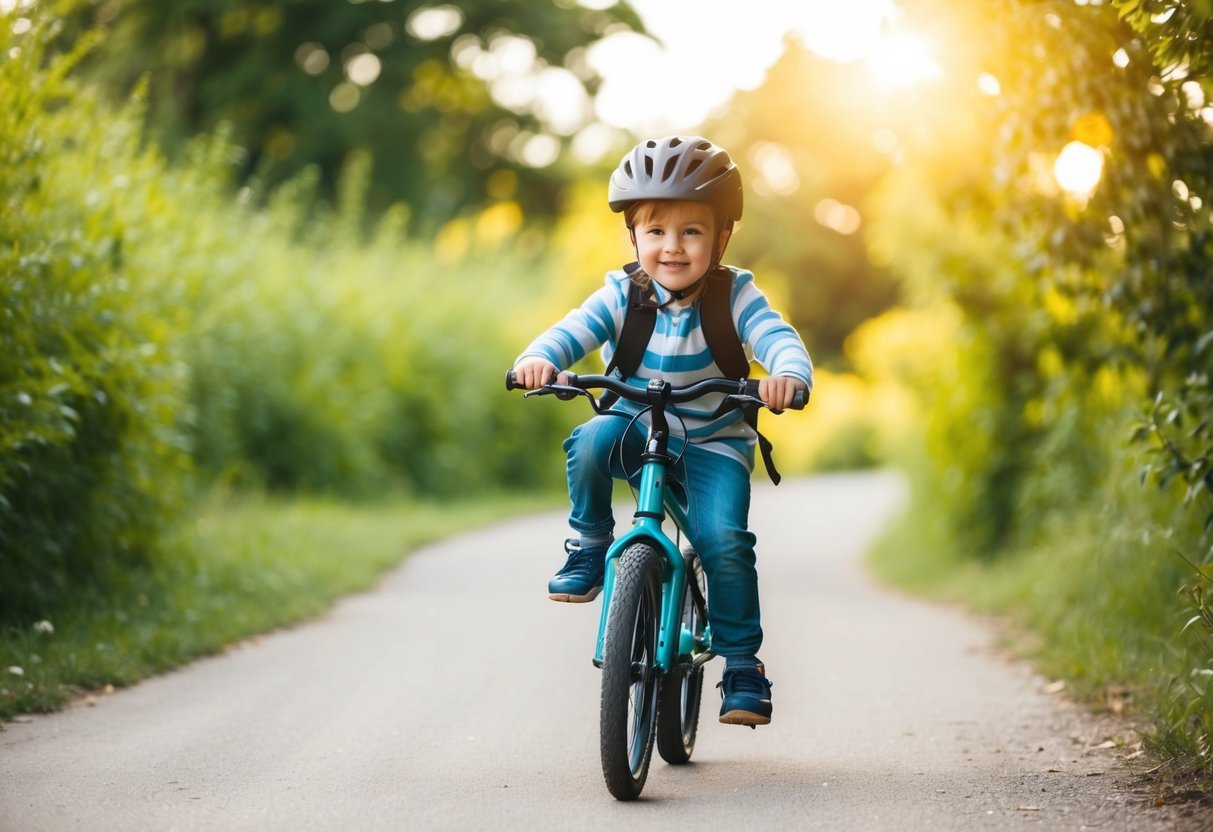 A child riding a bike wearing a helmet, surrounded by greenery and sunshine