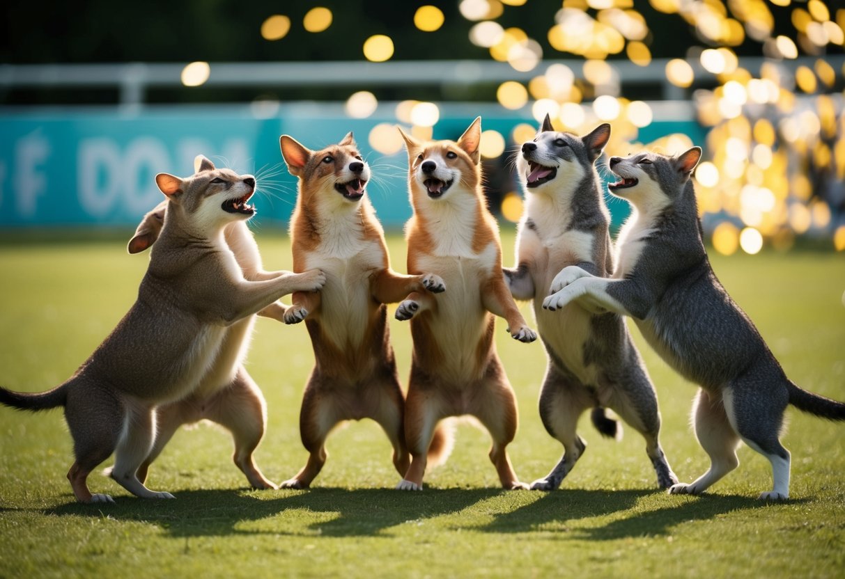 A group of animals working together in a friendly and competitive environment, cheering each other on and celebrating their collective success