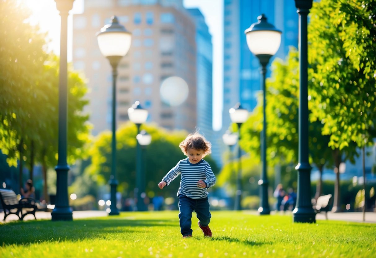 A child playing in a well-lit park, surrounded by street lamps and bright sunlight, with clear visibility and no dark or shadowy areas