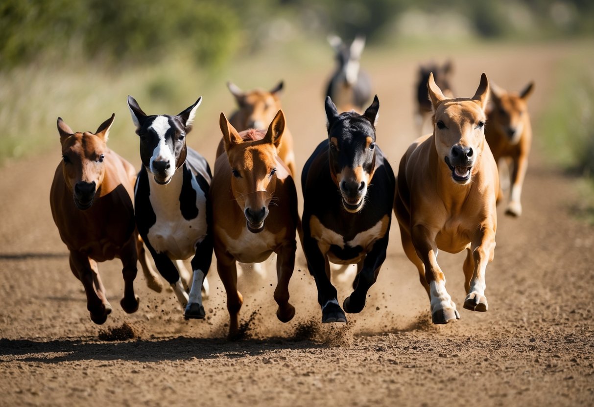 A group of animals engaged in a friendly race, each displaying determination and focus as they compete in a natural setting
