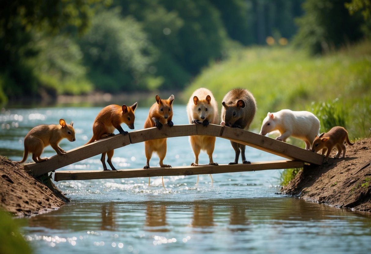 A group of animals working together to build a bridge over a river, each contributing their unique skills and abilities to complete the task