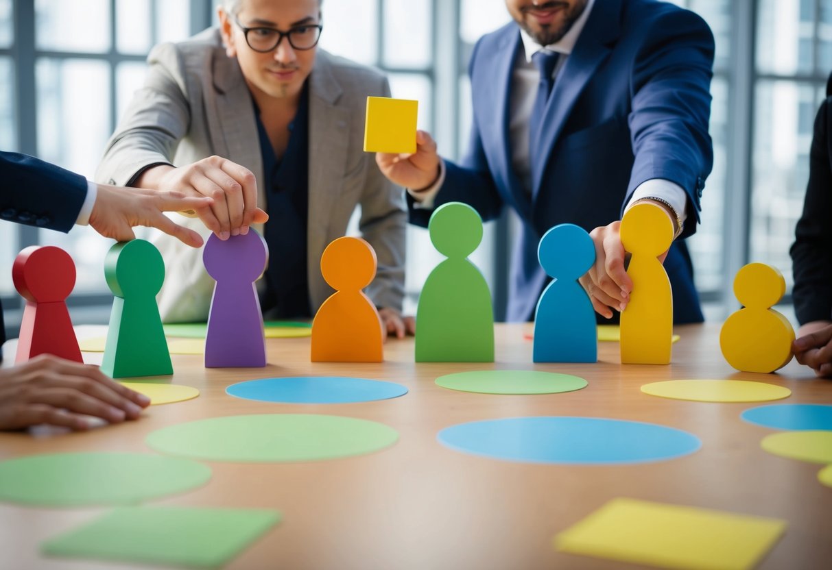 A group of diverse shapes and colors working together towards a common goal, utilizing various strategies to manage competition and promote teamwork