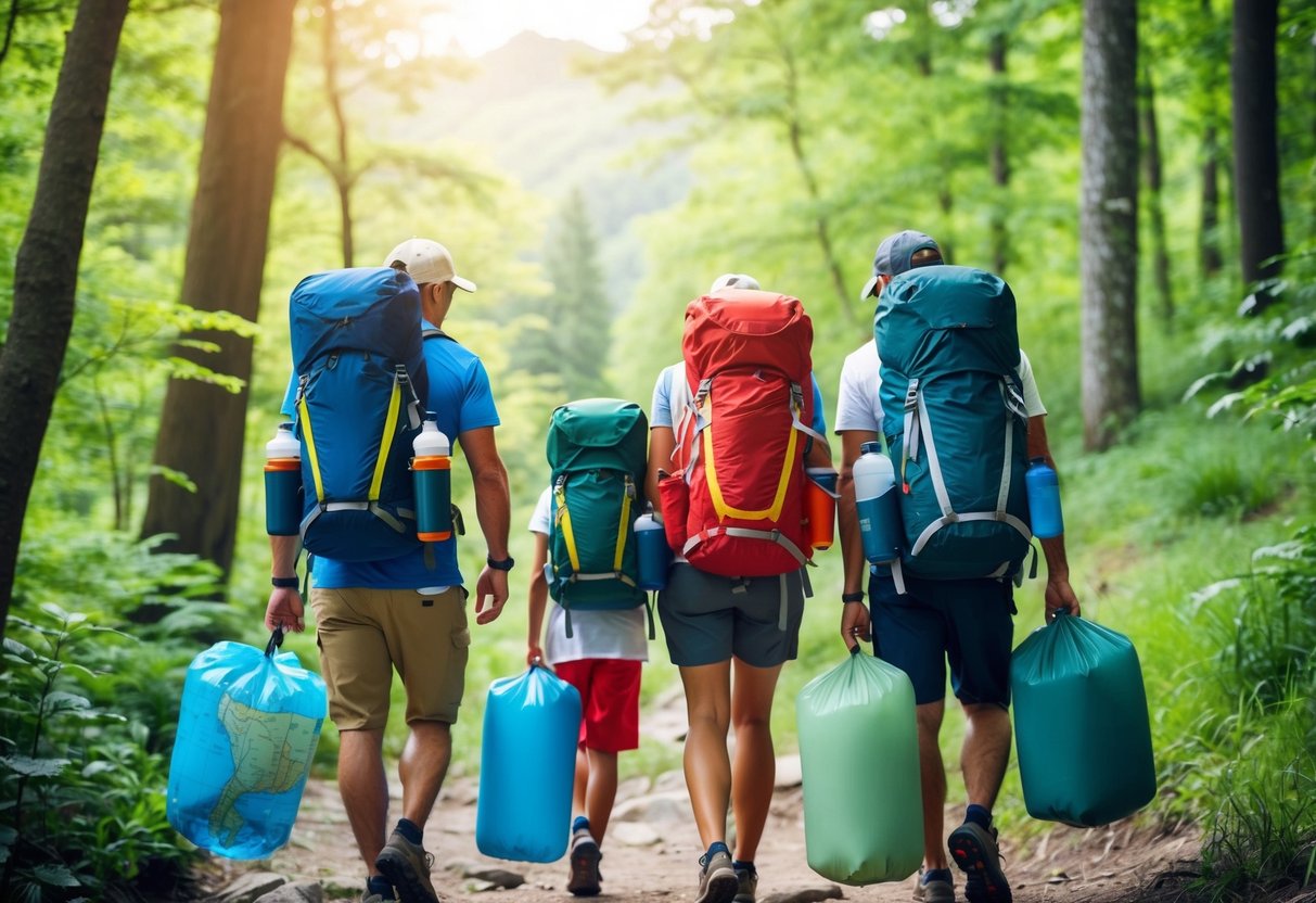 A family packing backpacks with water bottles, sunscreen, and trail maps for a hike in a lush forest
