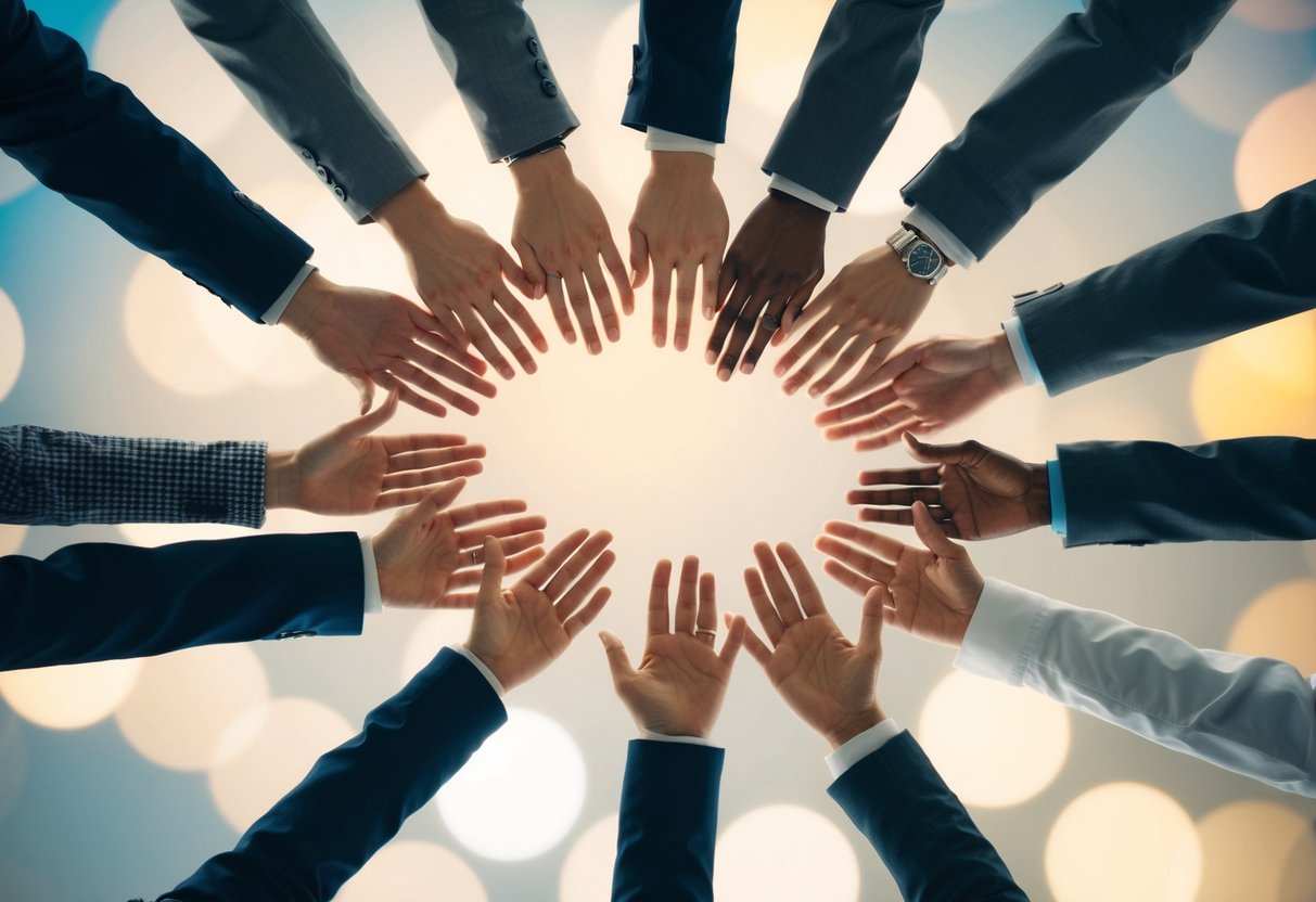 A group of diverse abstract shapes coming together in a celebratory formation, symbolizing teamwork and success