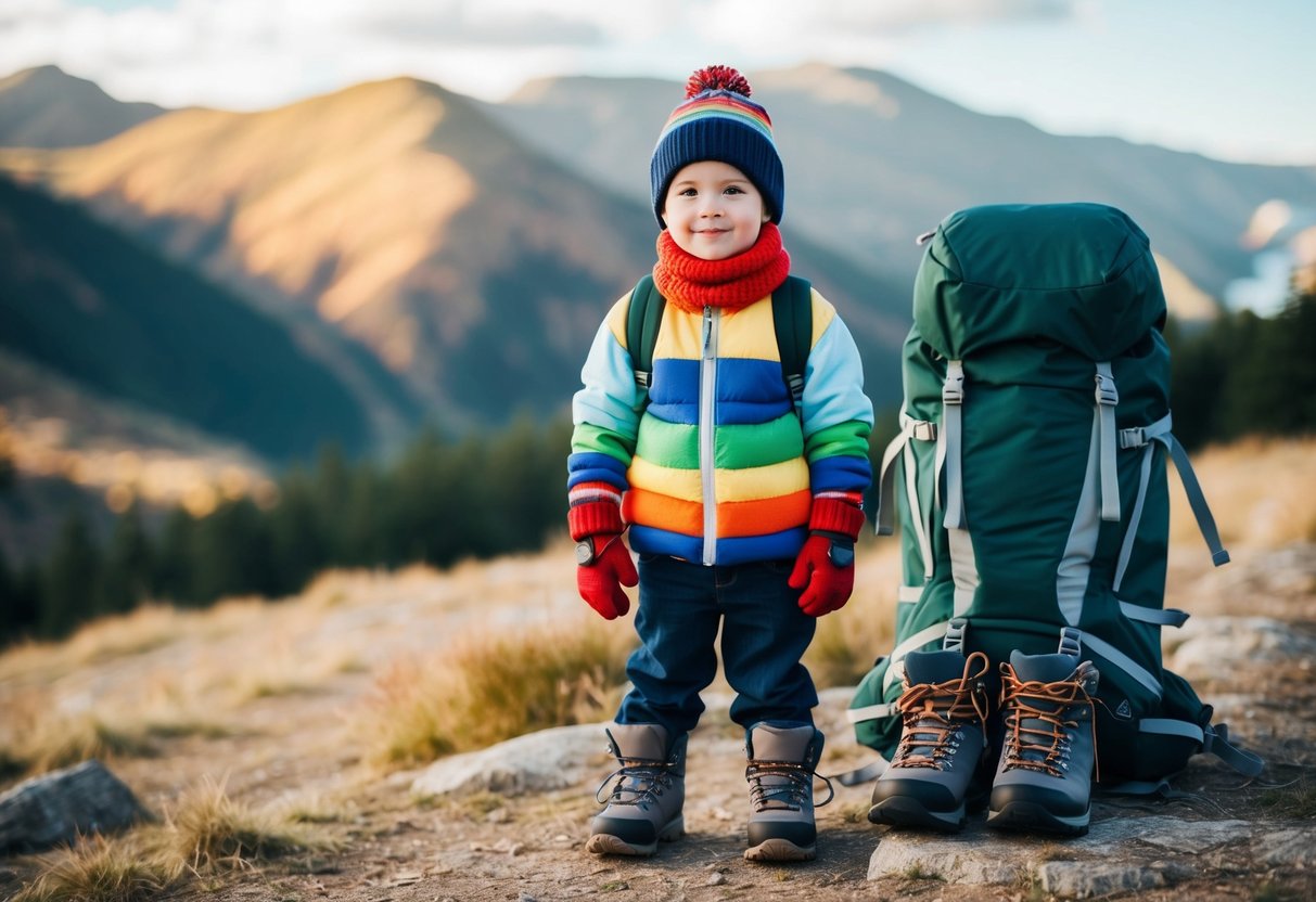 A child in a colorful jacket, sweater, and scarf, wearing gloves and a hat, stands in front of a backpack and hiking boots, ready for an outdoor adventure
