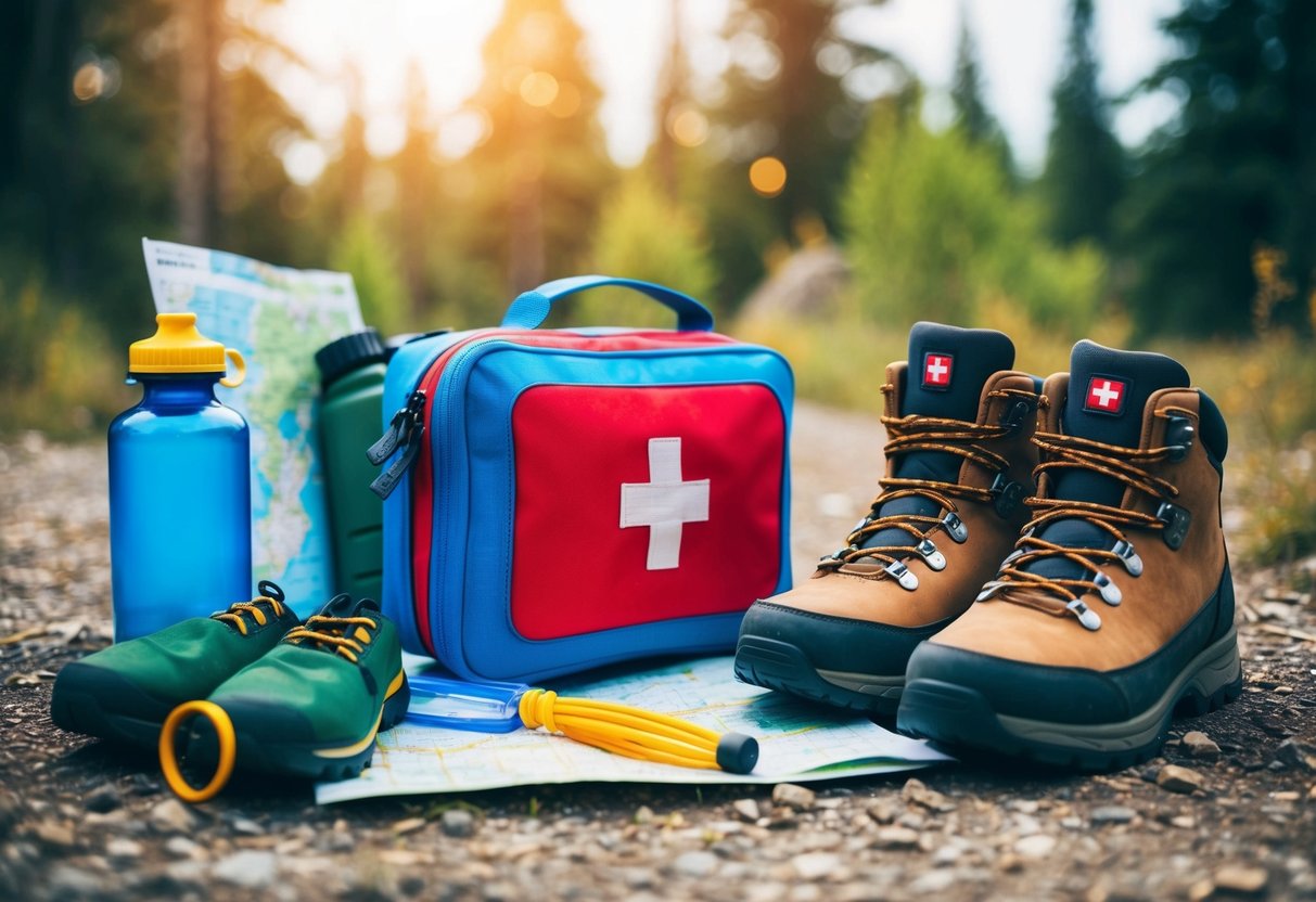 A colorful first aid kit surrounded by outdoor adventure gear, such as hiking boots, a water bottle, and a map, ready for a safe outdoor adventure