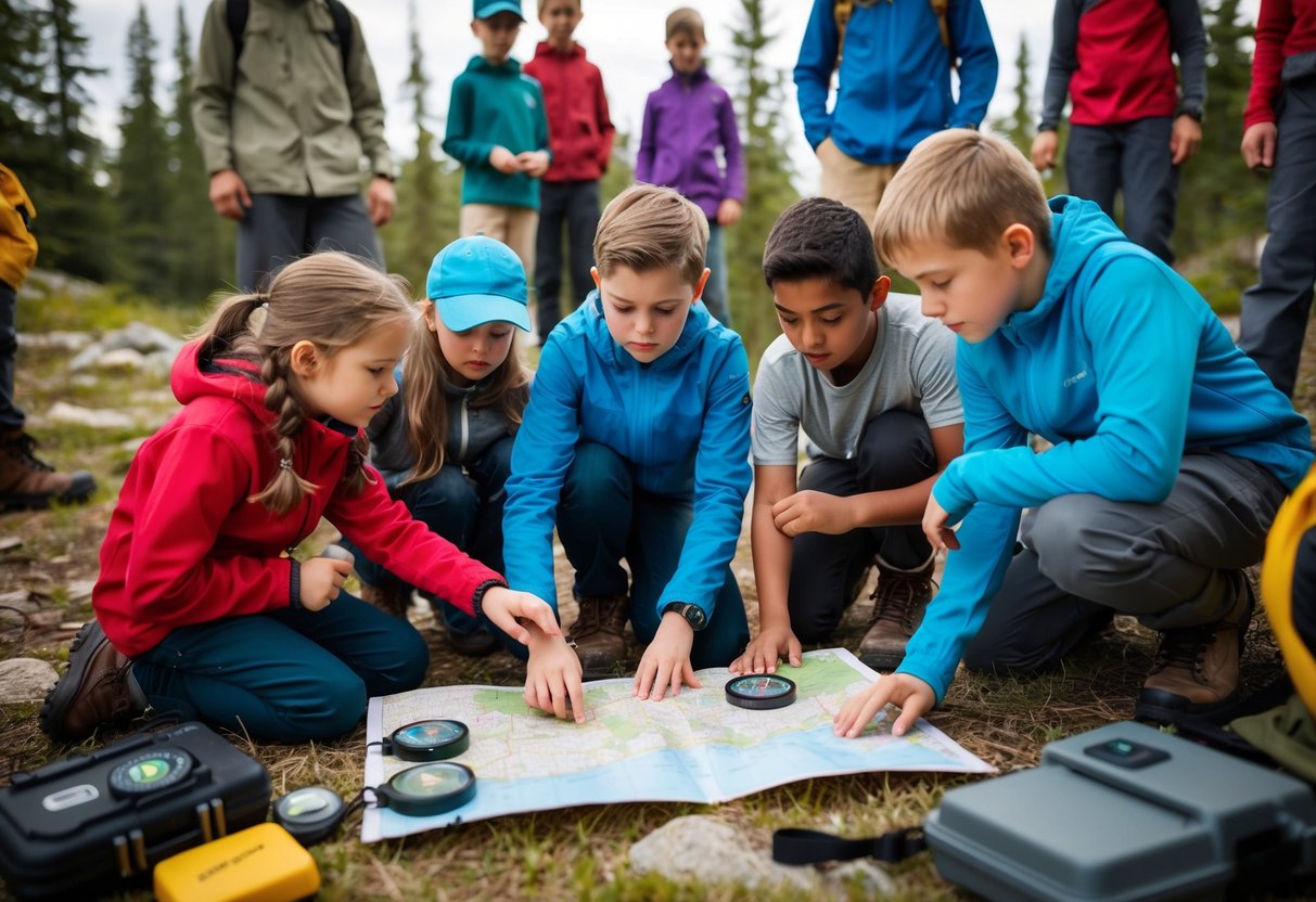 A group of children and adults gather around a map, compass, and GPS device, learning how to navigate through the wilderness. Various outdoor gear and safety equipment are scattered around the scene