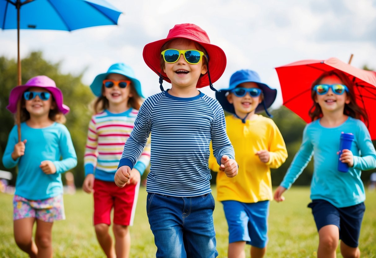 A group of children playing outdoors with sun hats, sunglasses, sunscreen, umbrellas, and long-sleeved clothing