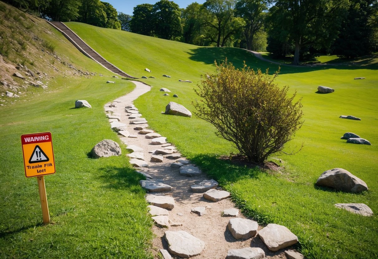 A sunny park with a winding trail, scattered rocks, a steep hill, a thorny bush, and a warning sign