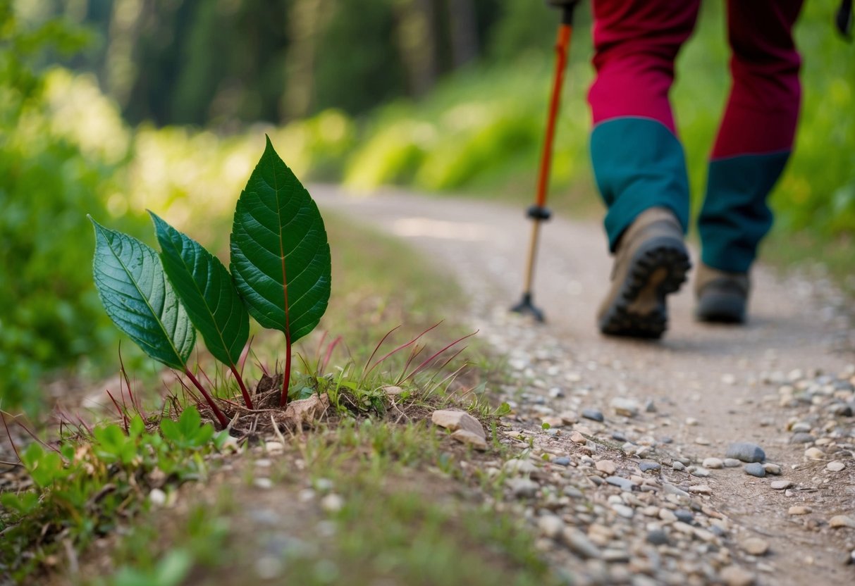 A hiker walking along a trail, carefully avoiding a patch of three shiny green leaves with red stems