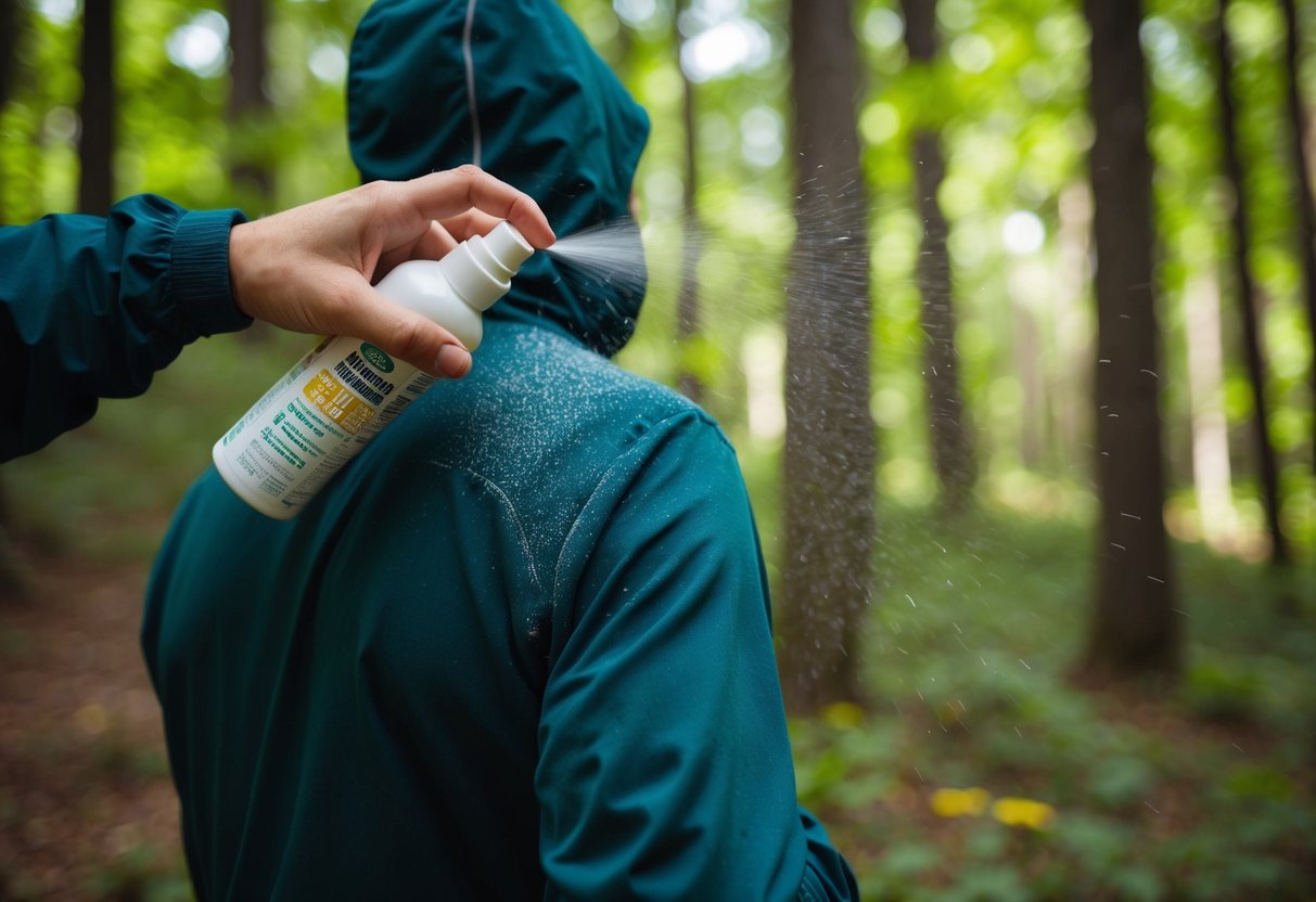 A person spraying tick repellent on their clothing before going for a hike in the woods