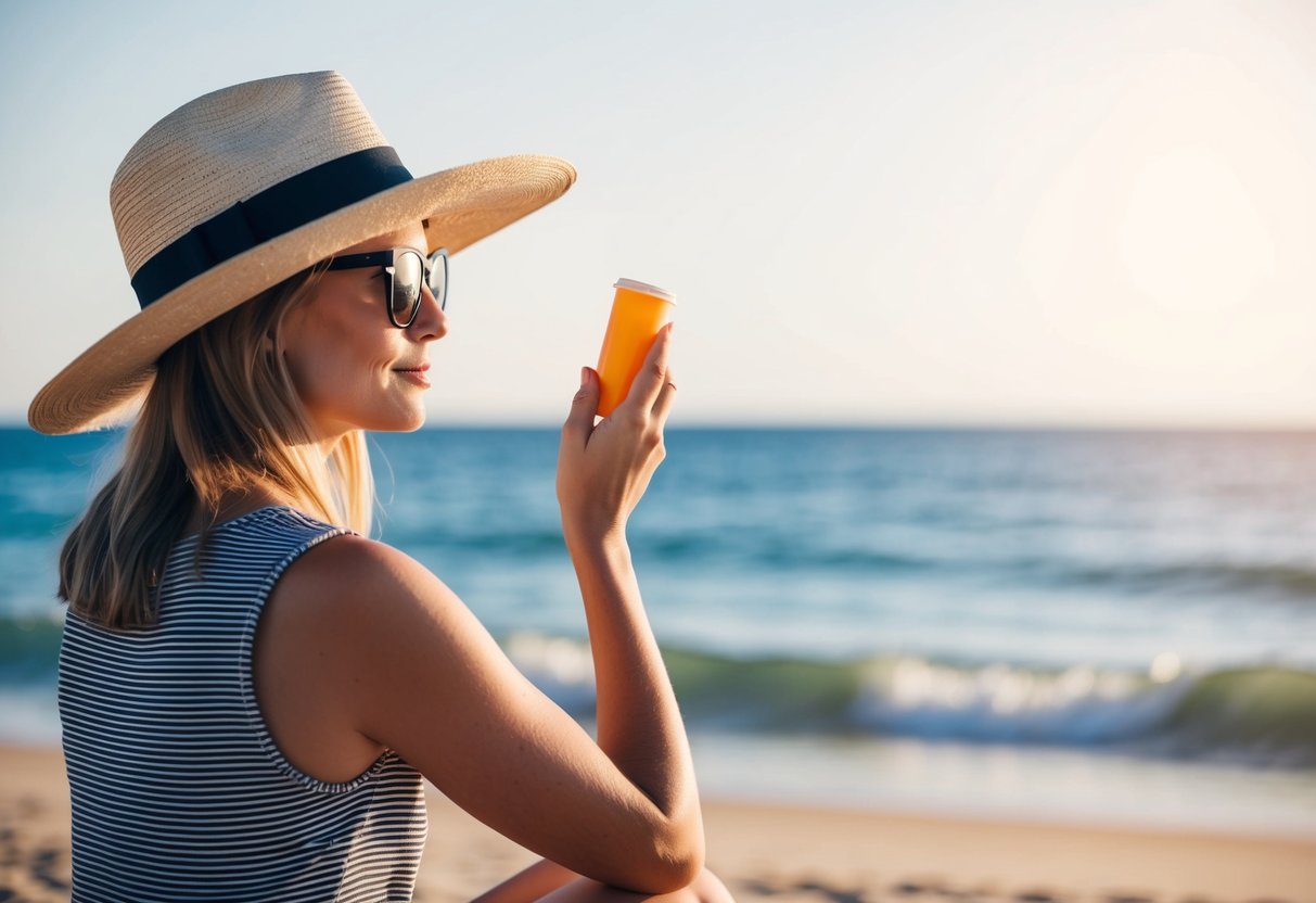 A sunny beach with a person wearing a wide-brimmed hat, sunglasses, and applying sunscreen to their exposed skin