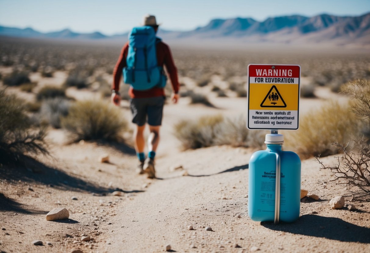 A person hiking through a desert landscape, with a canteen of water and a warning sign for dehydration